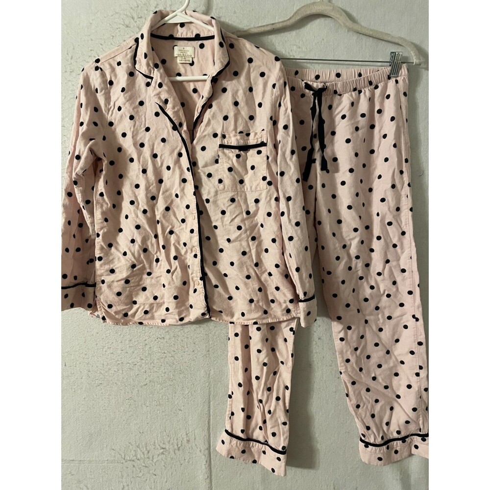 Kate Spade Pajama set Women's S flannel long sleeve button Pink Black polka dot